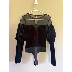 Bebe Deep Sweetheart Neck Velour Bodysuit Black Mesh Puff Sleeve 104983 NEW S
